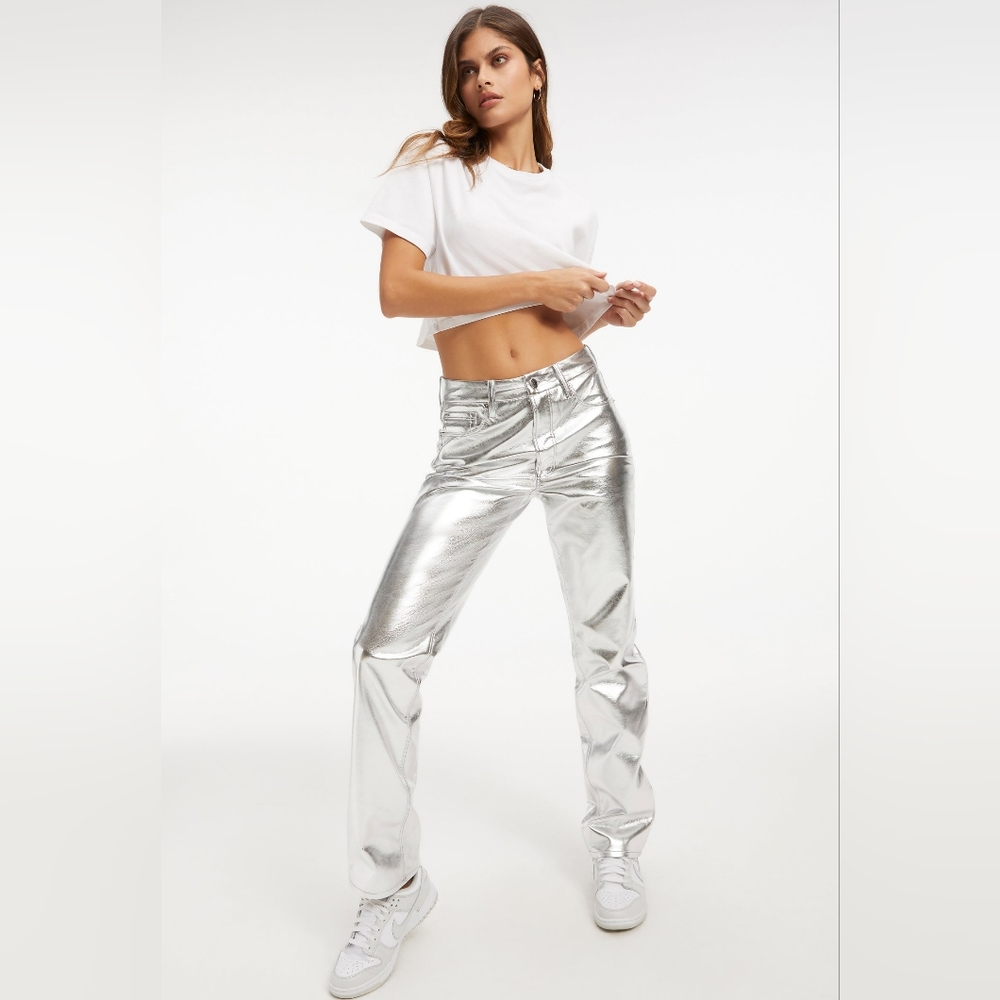GOOD AMERICAN METALLIC FAUX LEATHER PANTS-SILVER